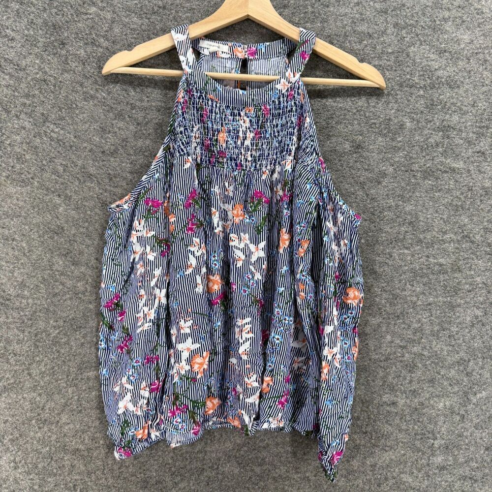 Maurices Blouse Women M Medium Blue Floral Cold Shoulder Long Sleeve Rayon